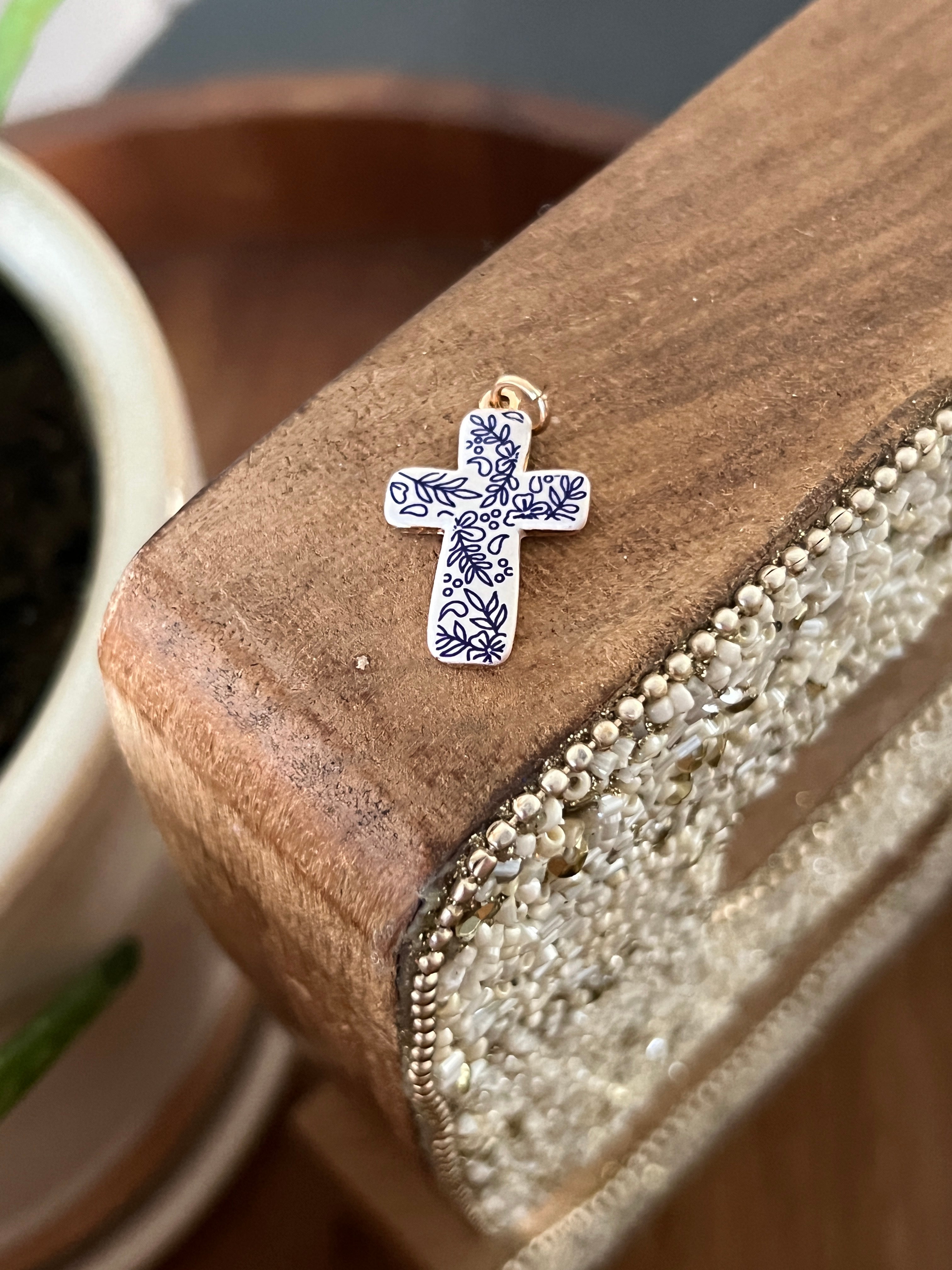 white & blue floral cross